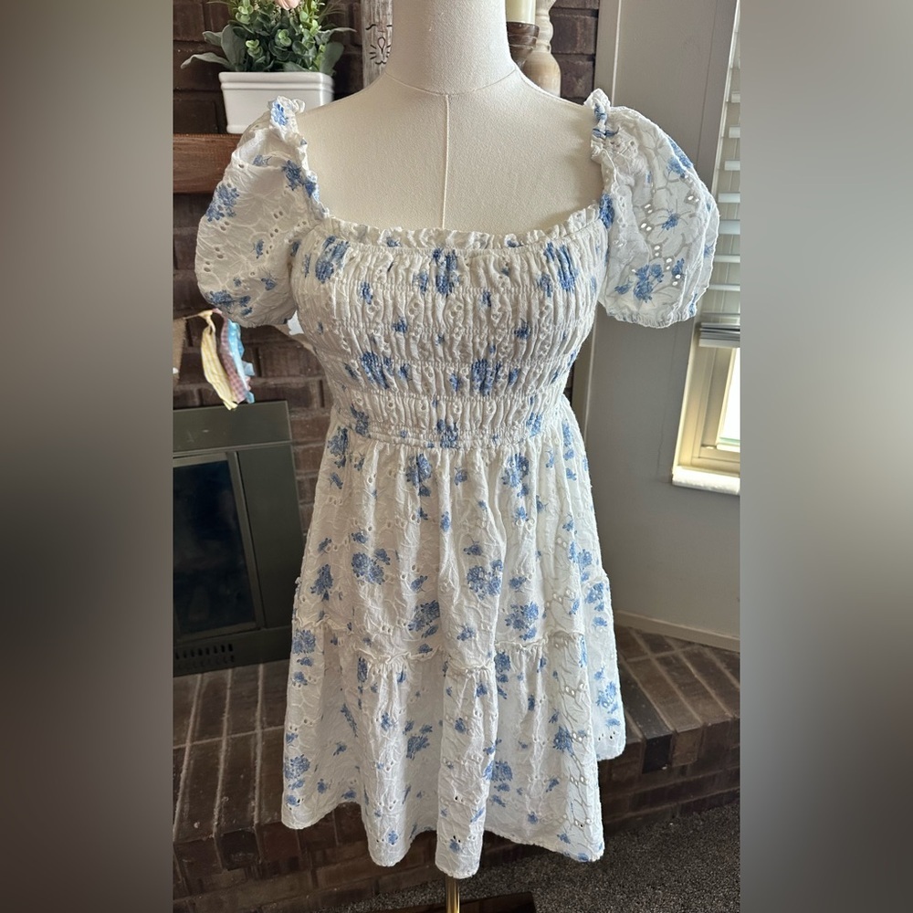 Altar'd State White Blue Floral Eyelet Smocked Mini Dress Size S